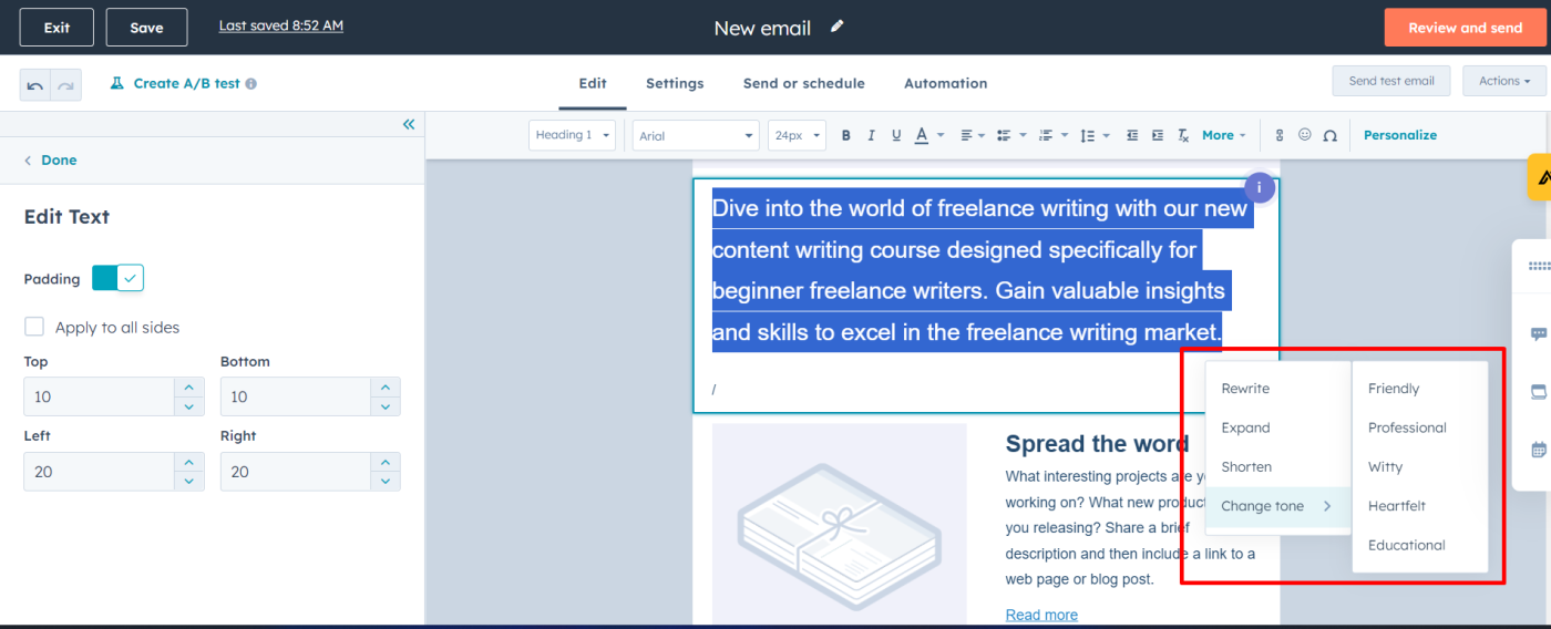 The AI writer in HubSpot