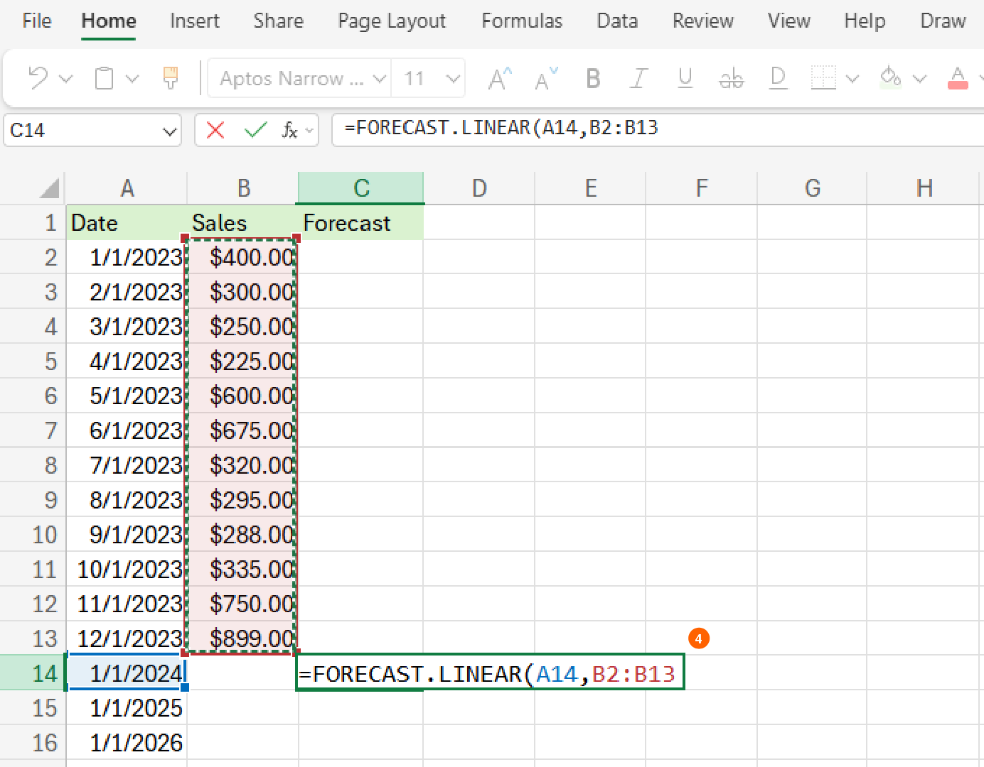 This image shows the next step in the FORECAST.LINEAR formula: selecting the range of historical sales data (e.g., B2:B13). This range is now visible as the second argument within the formula.