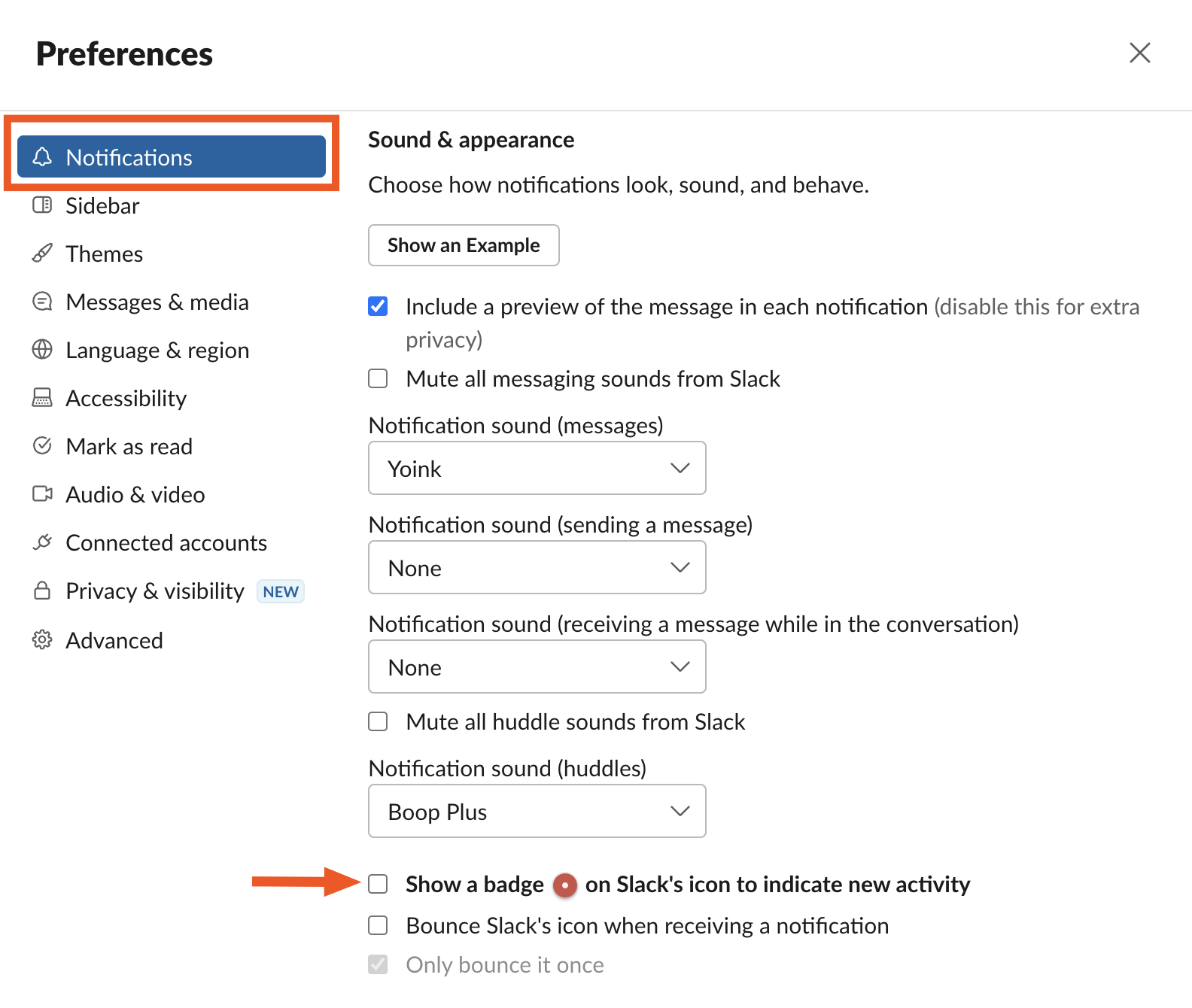 Slack notifications settings.