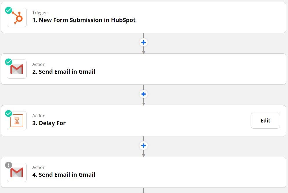 Zap set-up page for sending an email based on a new submission in Hubspot.