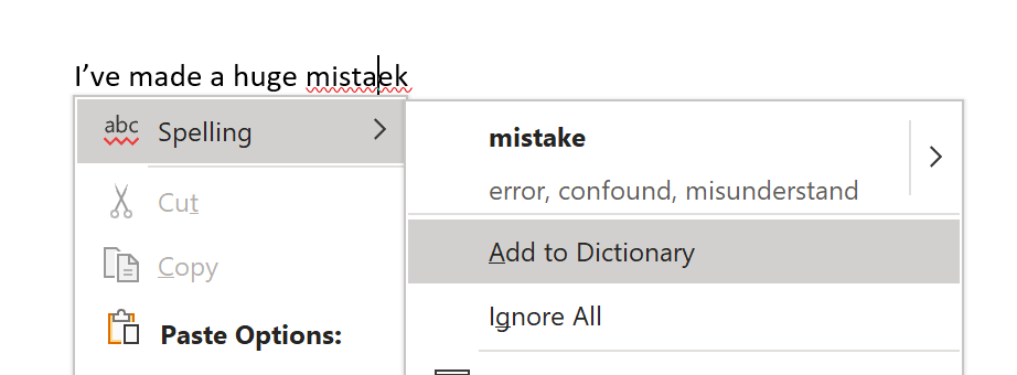 Clicking Add to Dictionary in Microsoft Office
