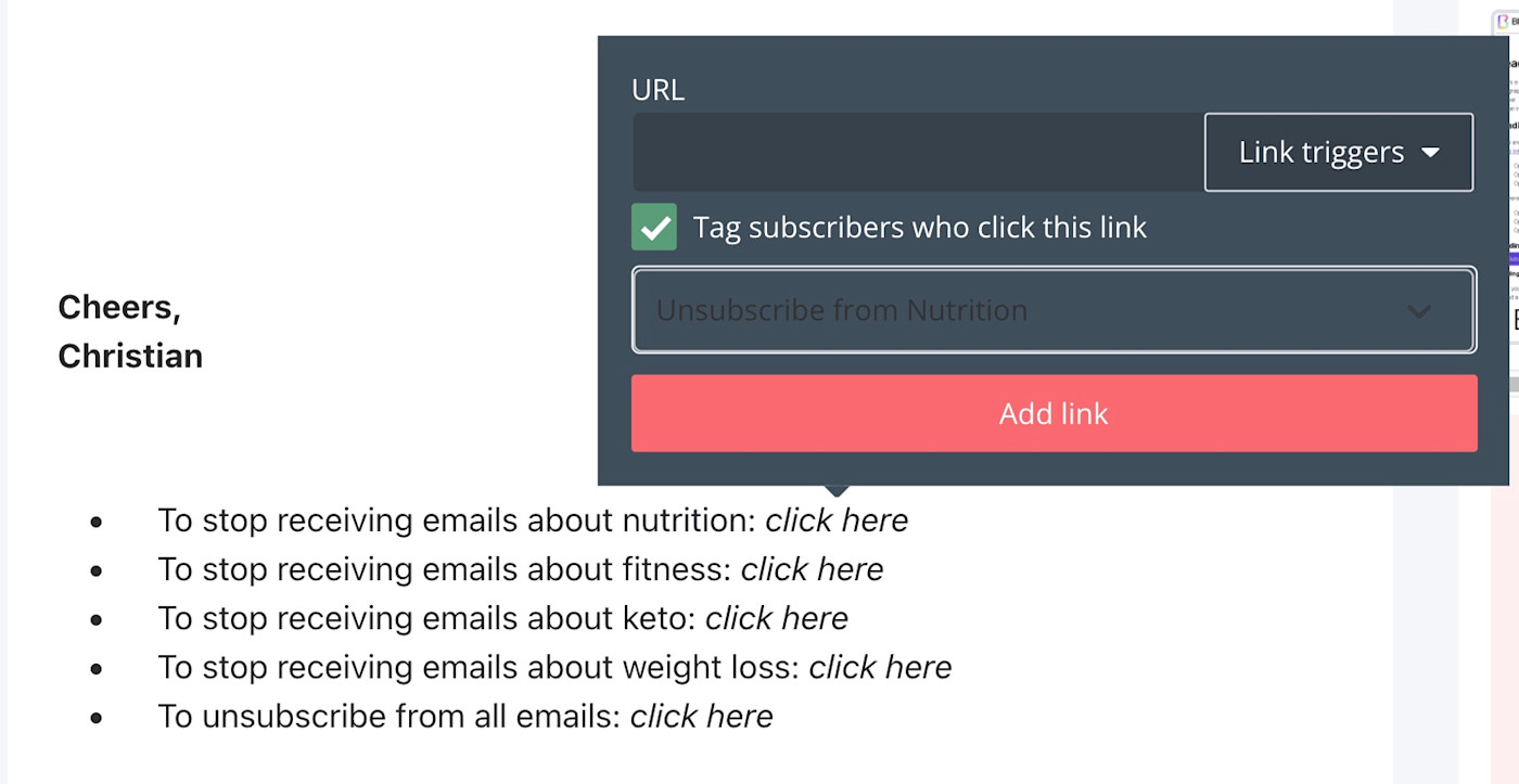 Tagging subscribers who click an unsubscribe link in ConvertKit