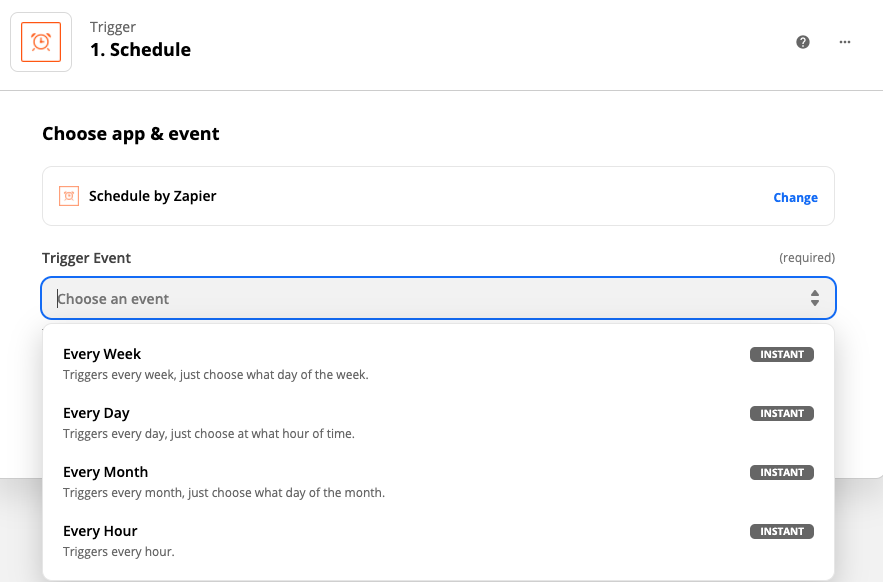 Selecting your trigger event in Schedule using the Zapier editor.