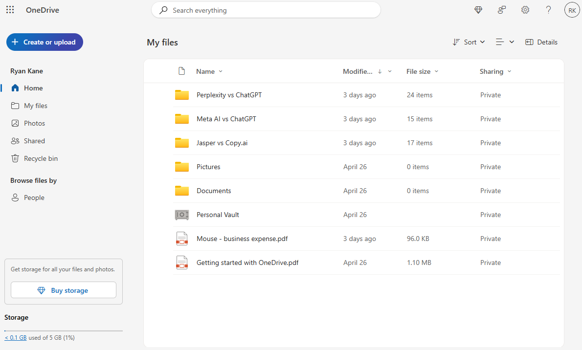 OneDrive interface