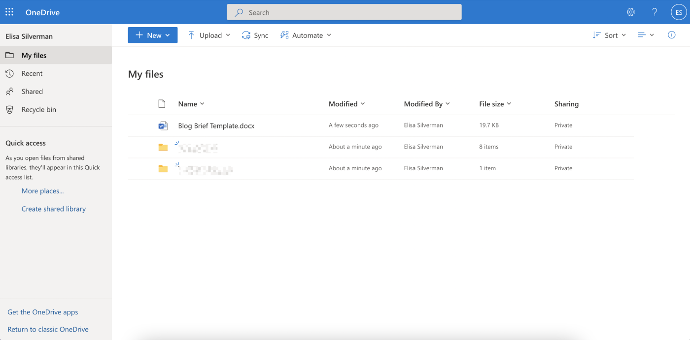 OneDrive interface