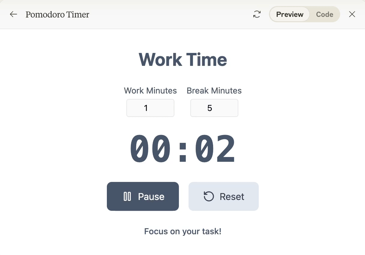 Demo of a Pomodoro timer automatically switching from work time to break time. 