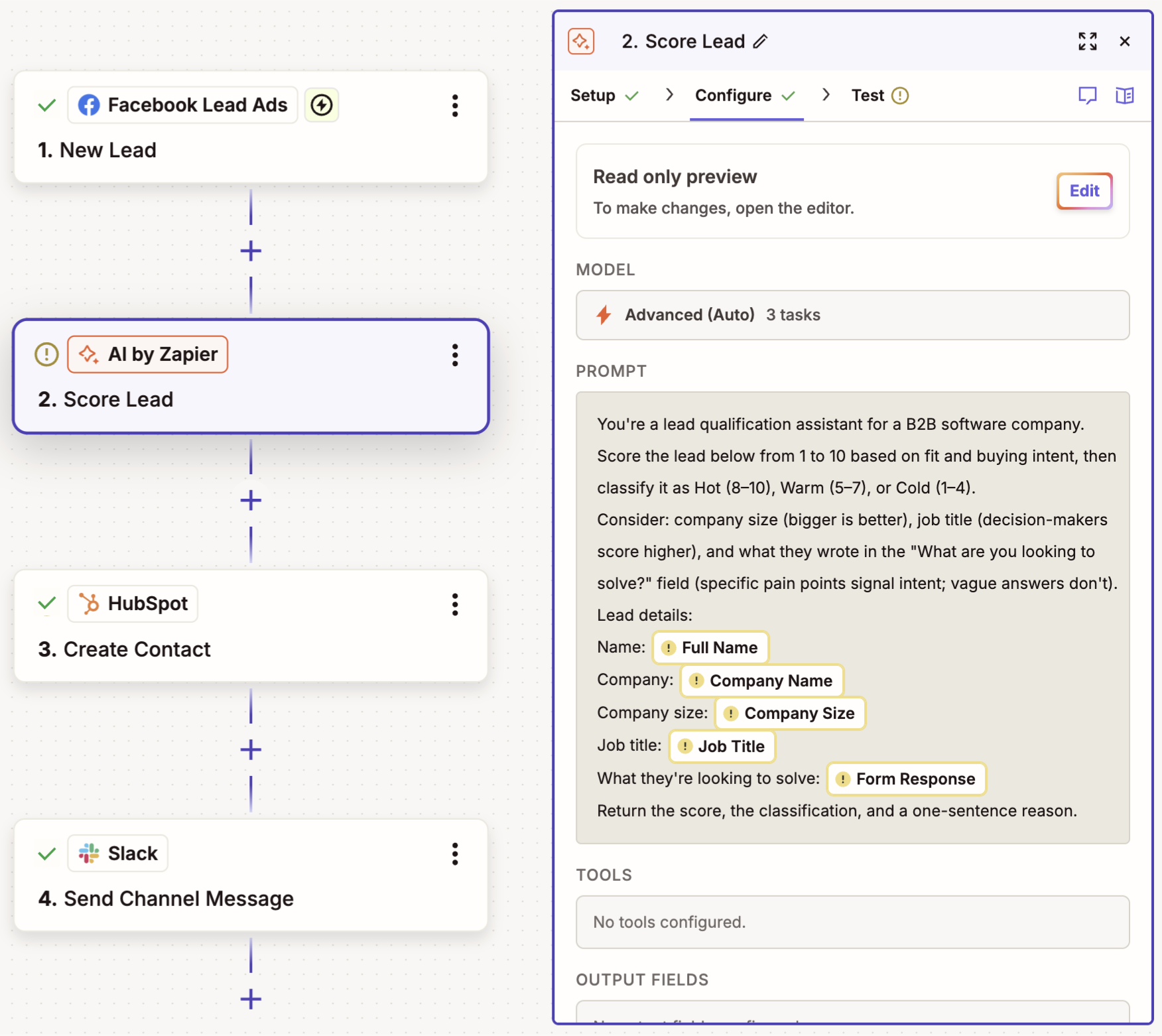 A four-step Zap in the Zap editor with an AI by Zapier step