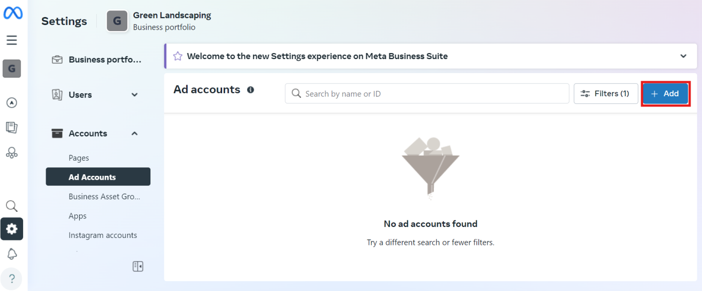 Adding an ad account in Facebook Business Manager