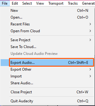 Exporting the audio from Audacity