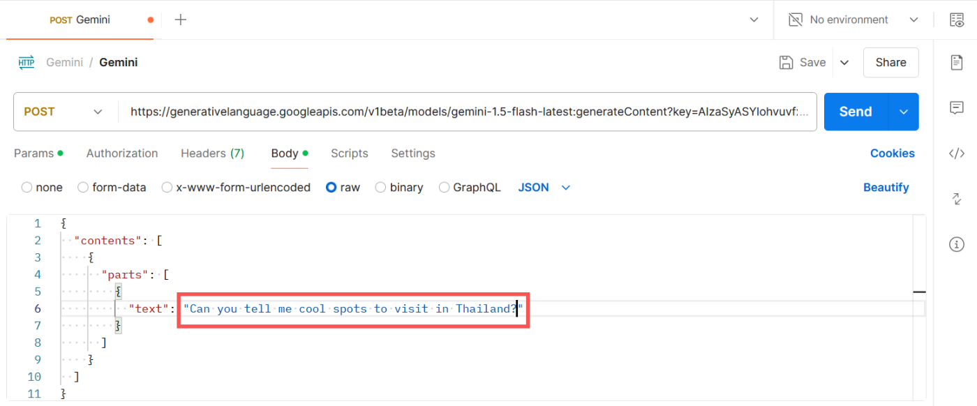 Changing the prompt for the Gemini API in Postman