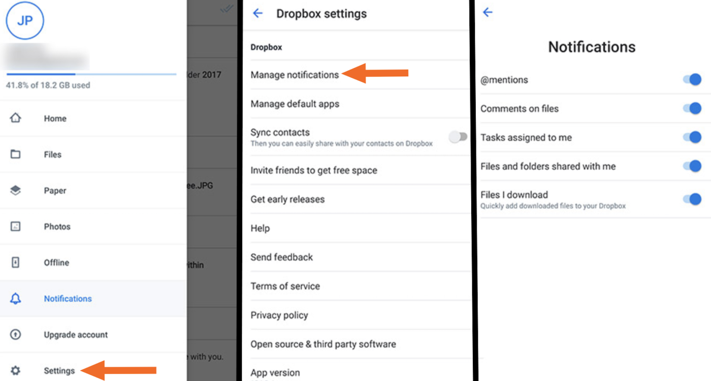 Dropbox for Android notification settings