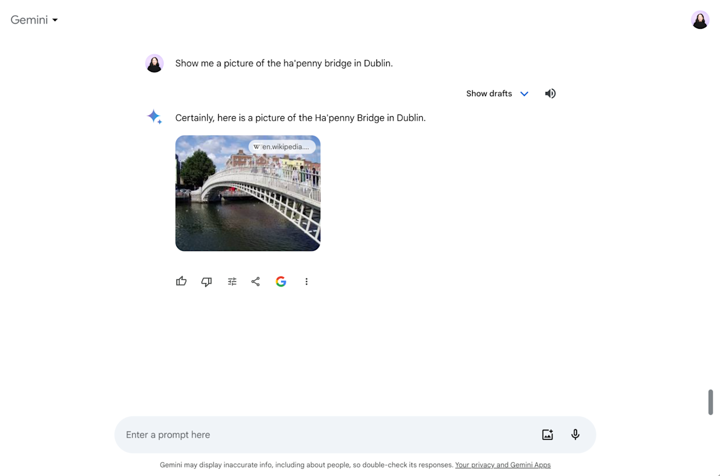 Gemini offers a pictures of the ha'penny bridge in Dublin, Ireland. 