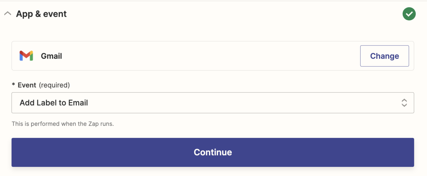 A screenshot of the setup for a Gmail action step in the Zapier editor.