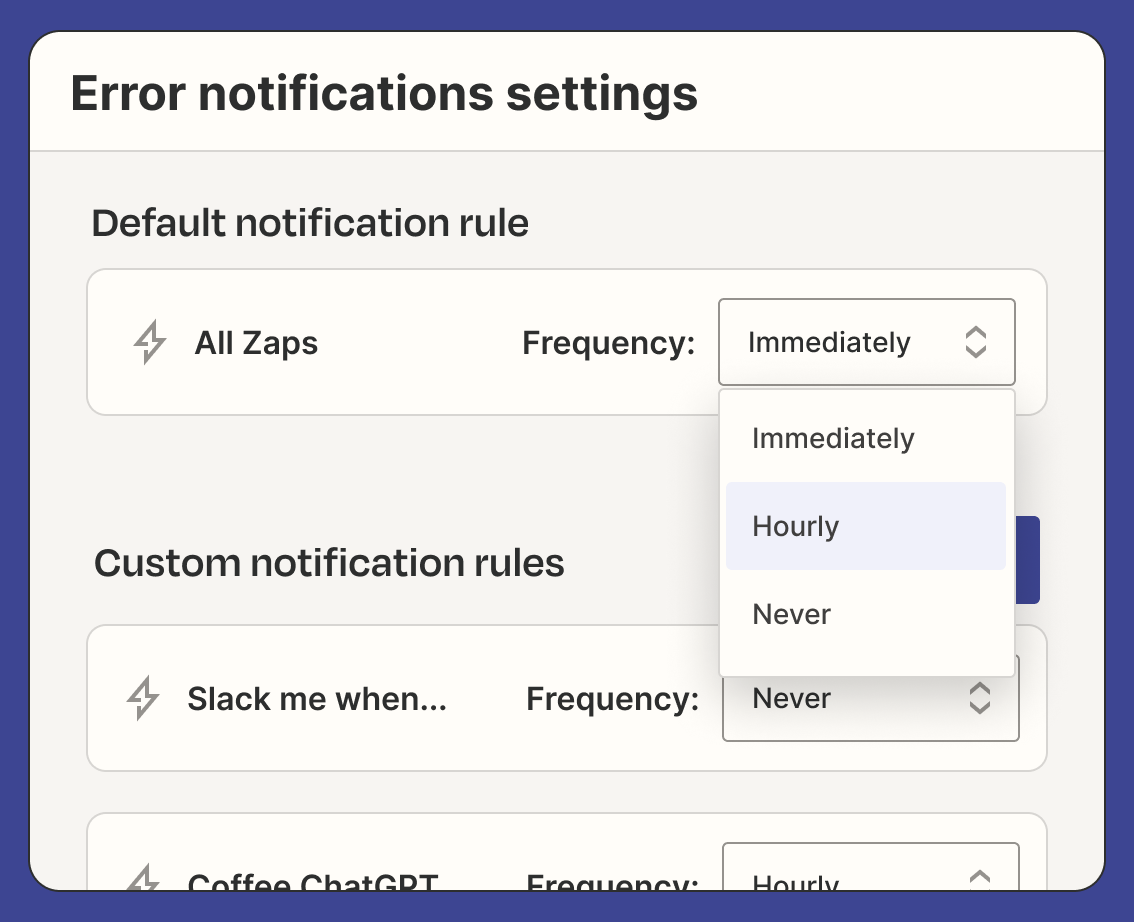 A portion of the error notification settings page in Zapier. In the dropdown menu under the section titled "Default notification rule" is a list of frequency options: immediately, hourly, and never.