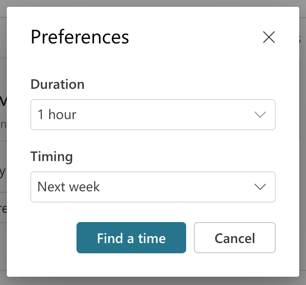 Suggested times preferences window in Outlook Calendar. The "Duration" field is set to one hour, and the "Timing" field is set to "Next week."