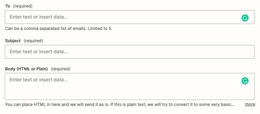 Email fields are shown, including the to, subject, and body fields.