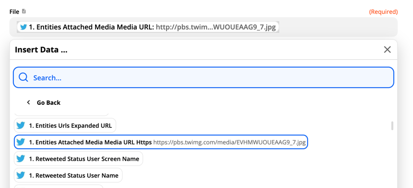 Selecting attached media from Twitter in Zapier