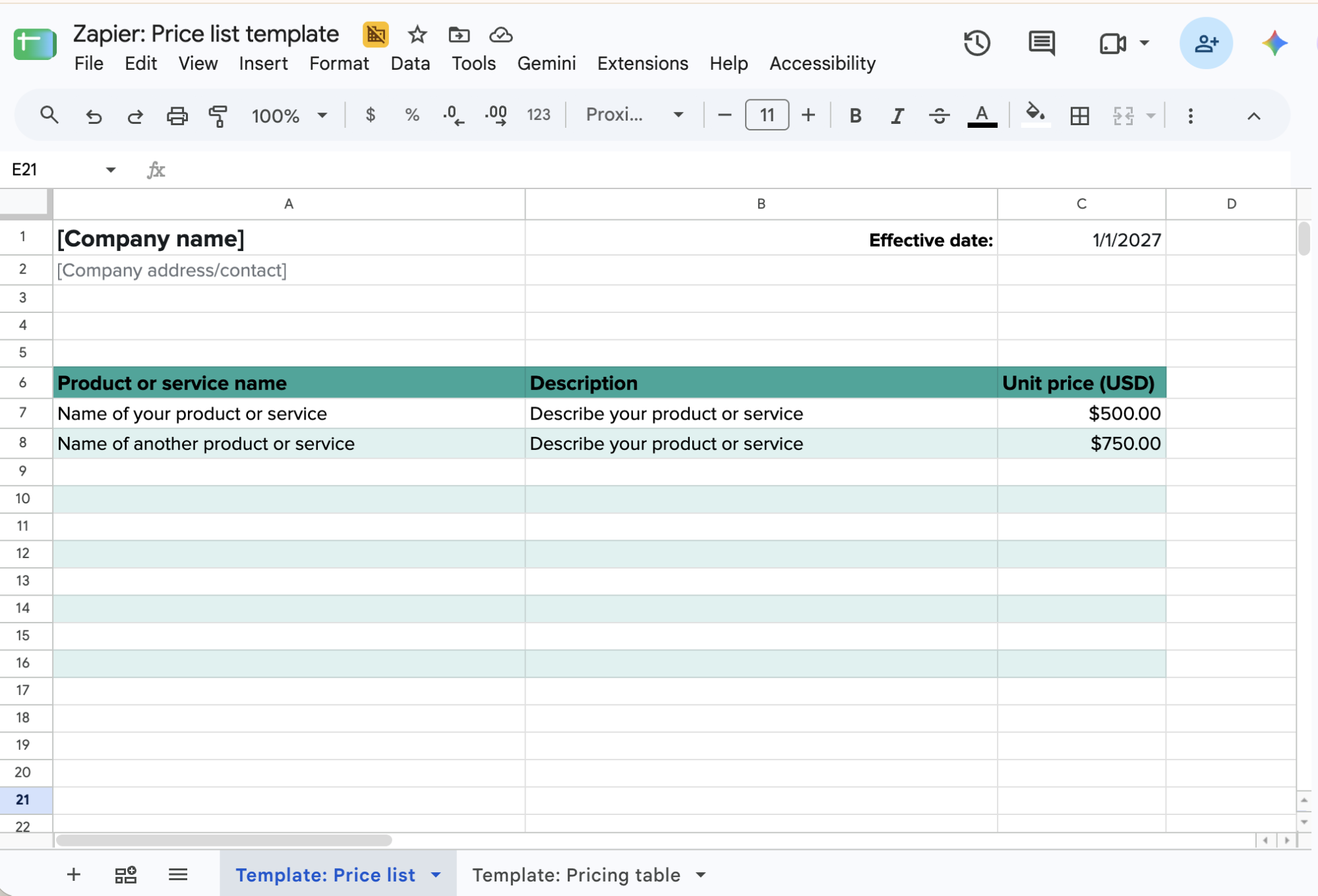 The Google Sheets price list template