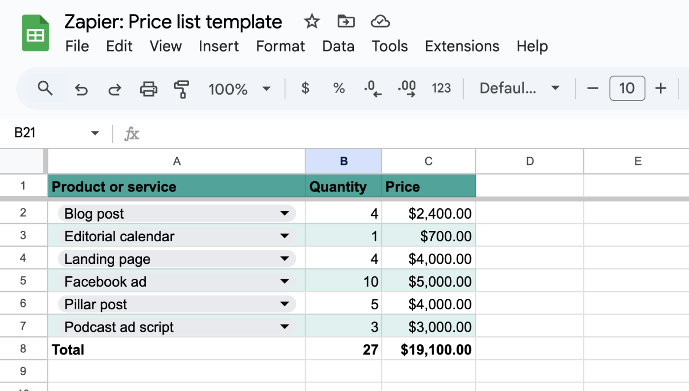 The Google Sheets price list template