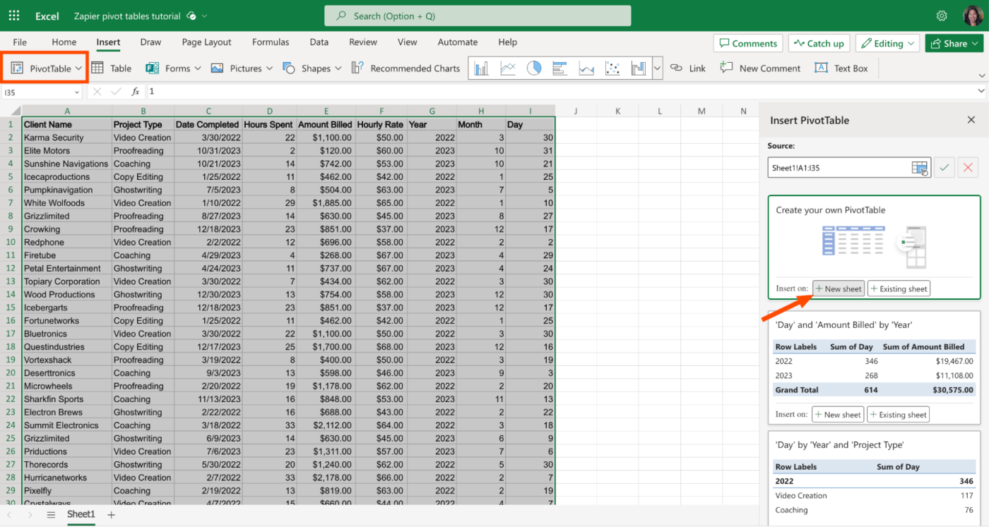 How to insert a pivot table in Excel online.