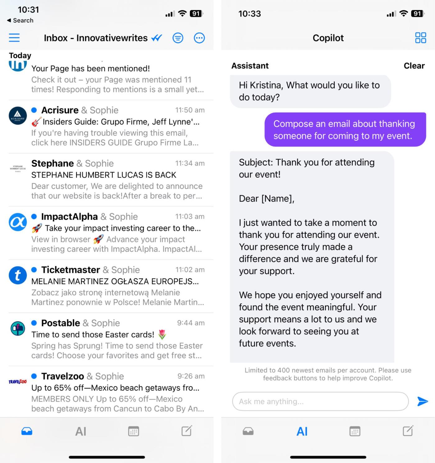 Canary, our pick for the best iPhone email app for writing emails with AI