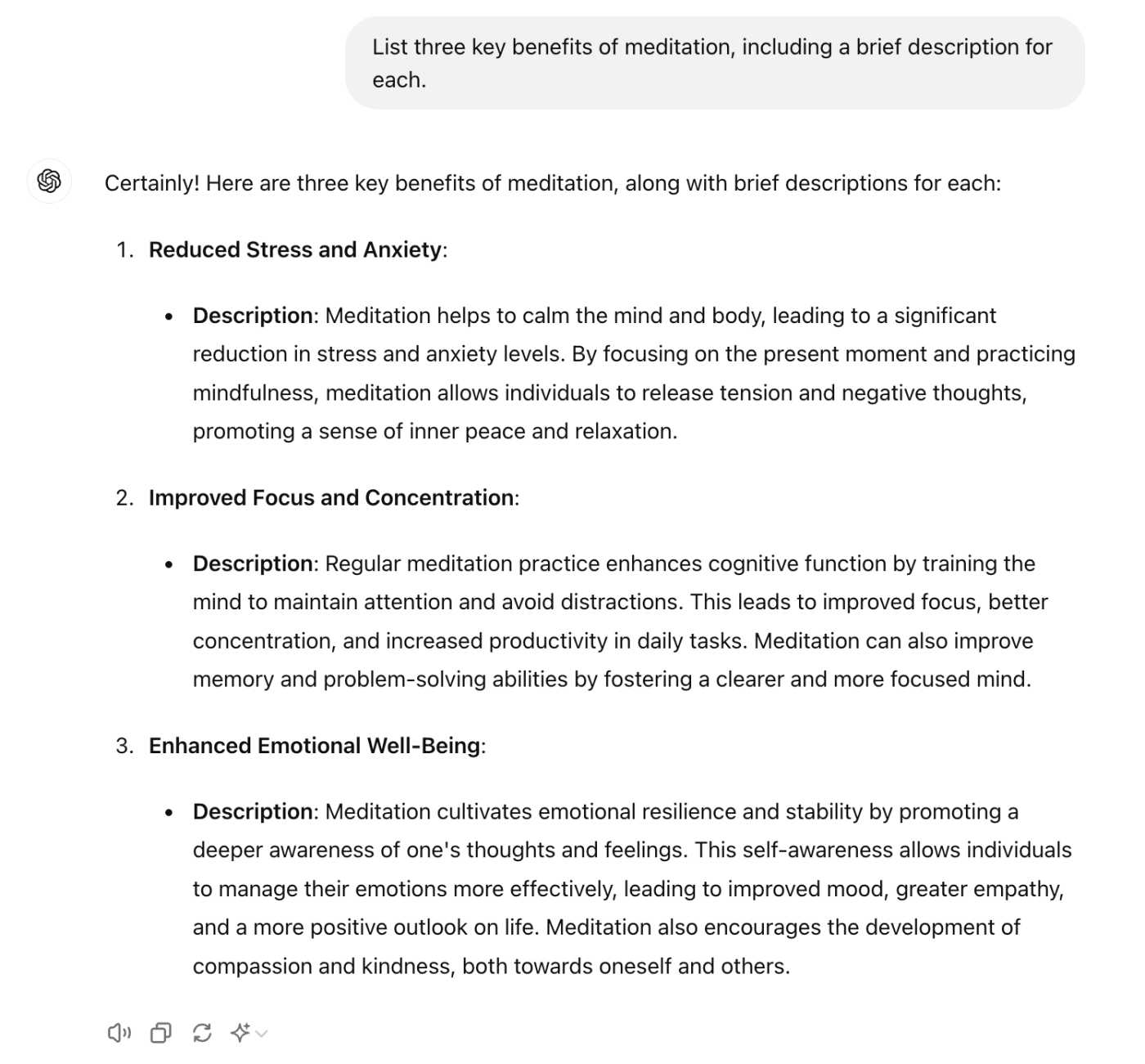 Conversation with ChatGPT. The prompt tells ChatGPT to output a list.