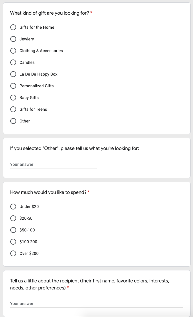 A screenshot of a Google form. Form questions ask about customer gift preferences and price range.