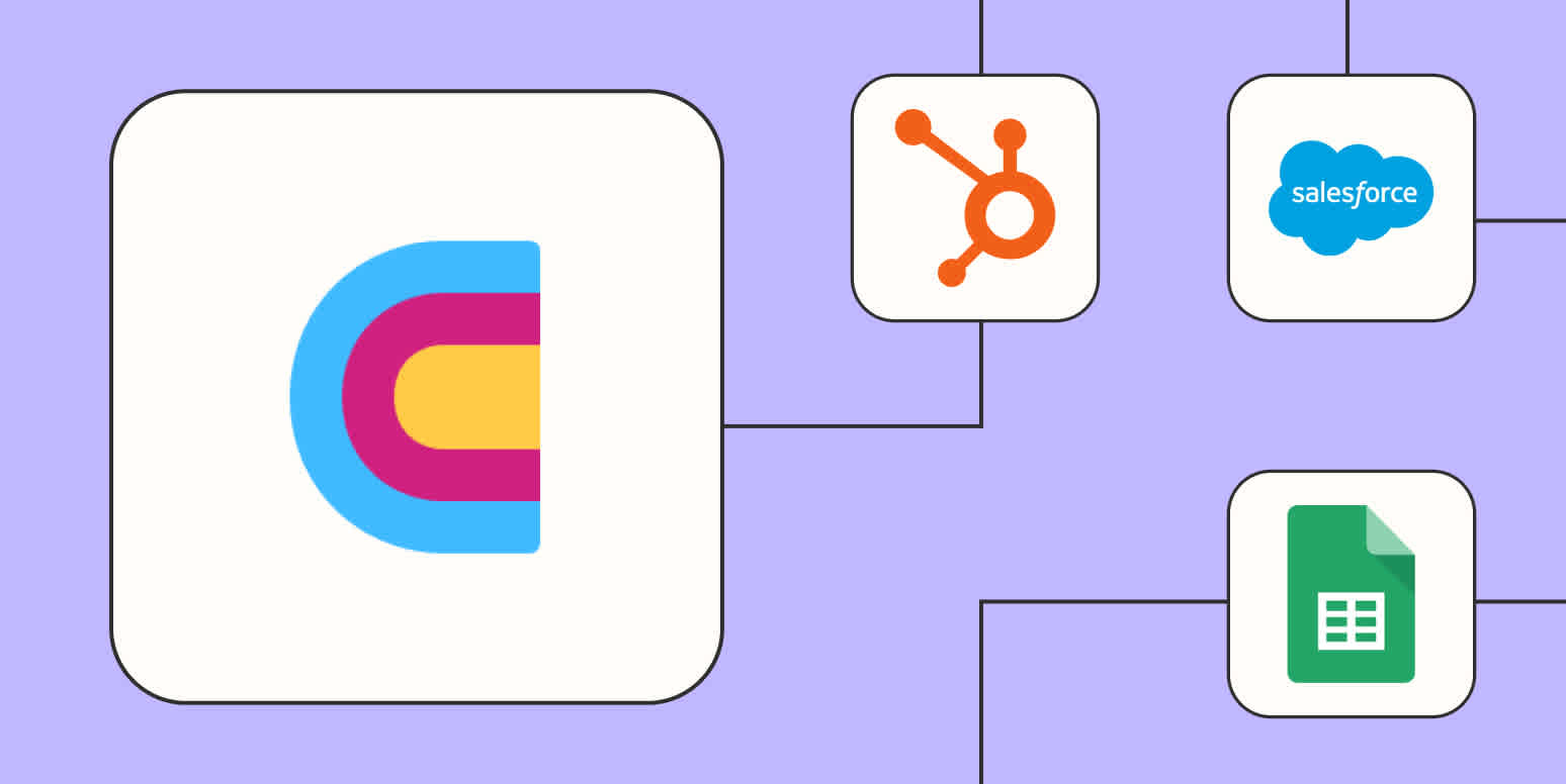 The Clay logo connected to logos for HubSpot, Salesforce, and Google Sheets against a lavender background.