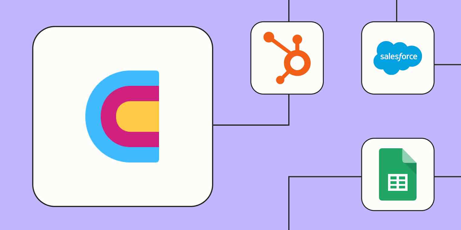 The Clay logo connected to logos for HubSpot, Salesforce, and Google Sheets against a lavender background.