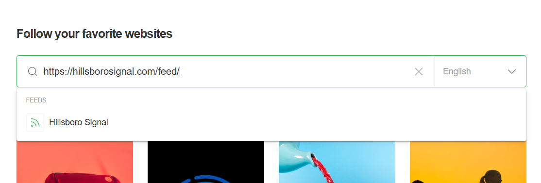 Feedly interface displaying a search for a specific URL.