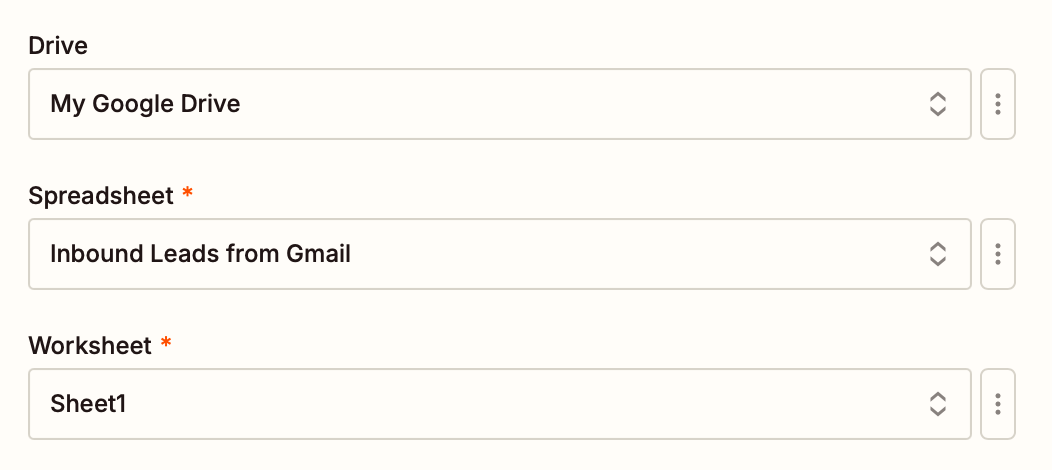 Inbound leads is shown selected in the dropdown of the Spreadsheet field.