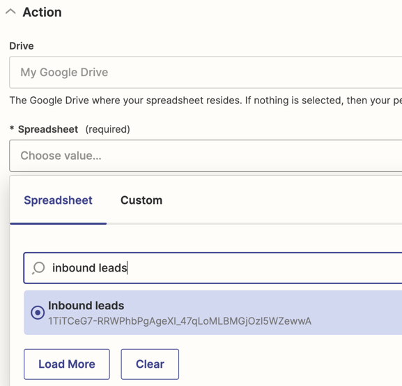 Inbound leads is shown selected in the dropdown of the Spreadsheet field.
