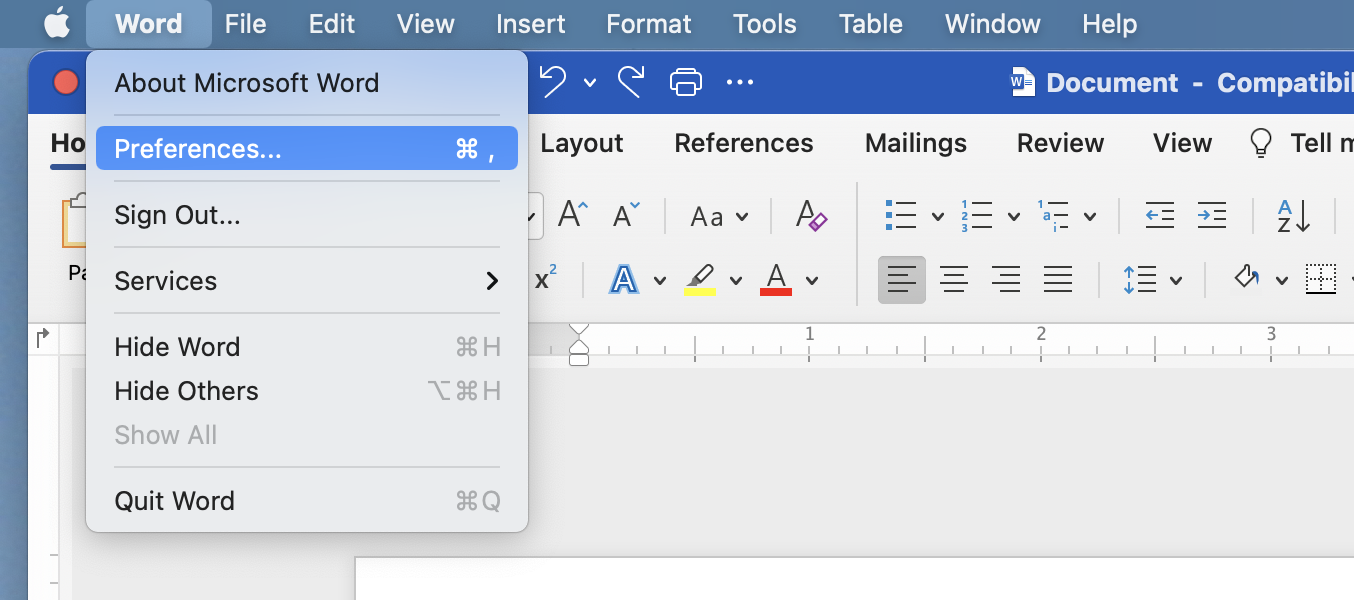 Preferences in Microsoft Word