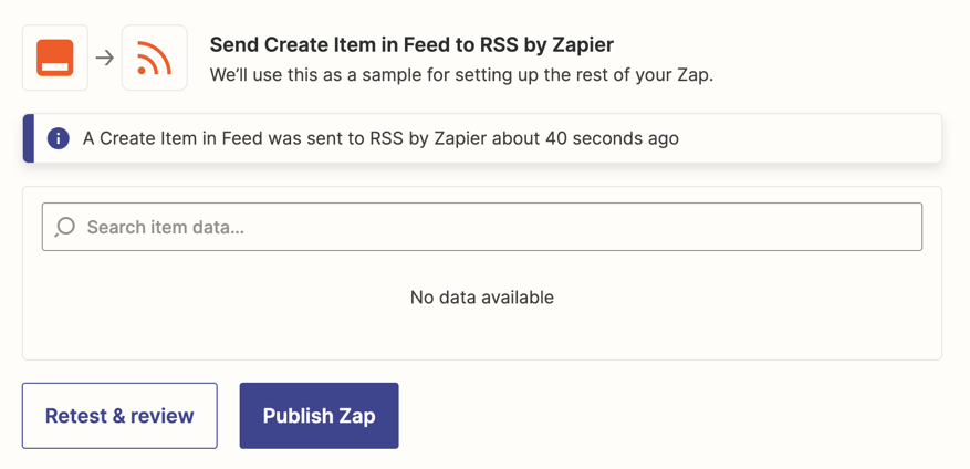 A test screen that shows the Zapier and RSS by Zapier app logos. 