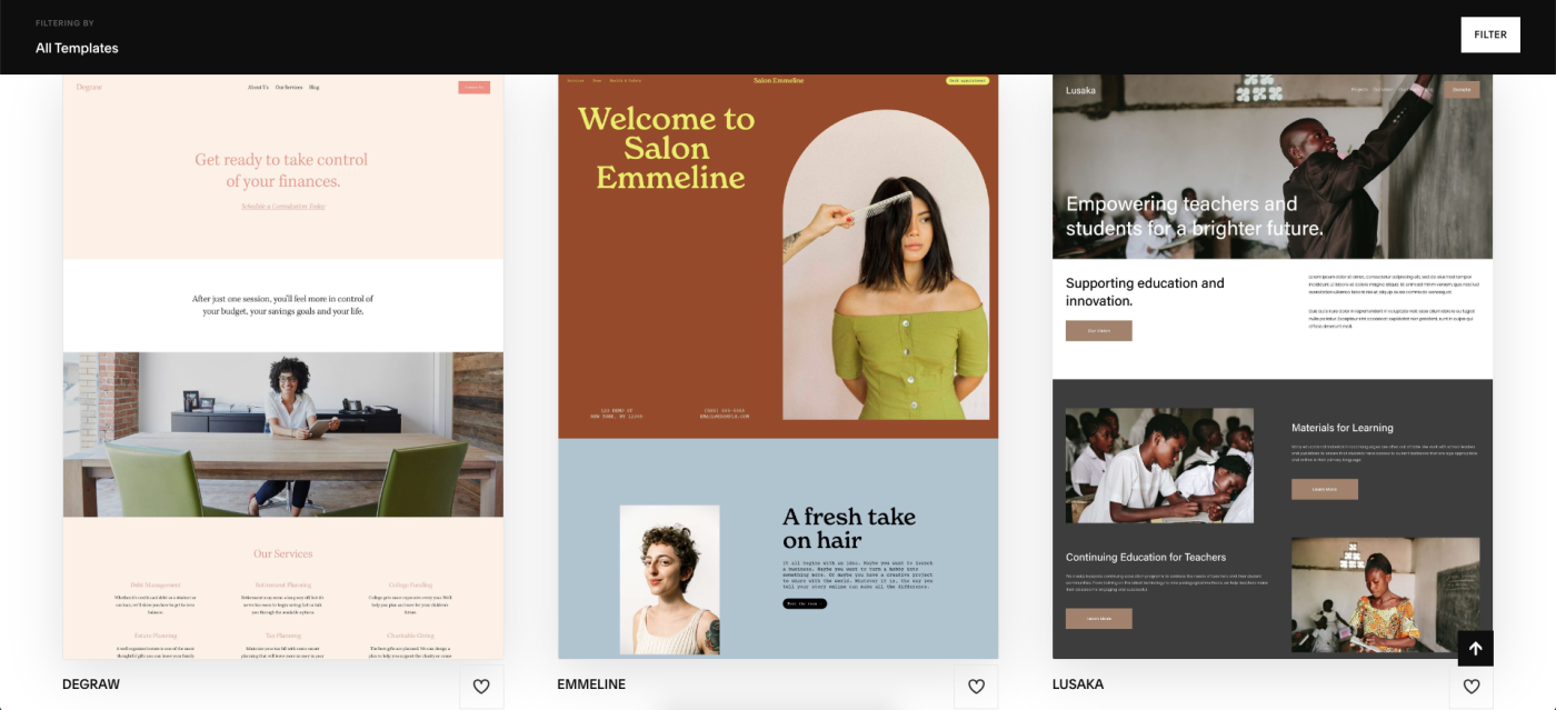Screenshot of Squarespace's template library.