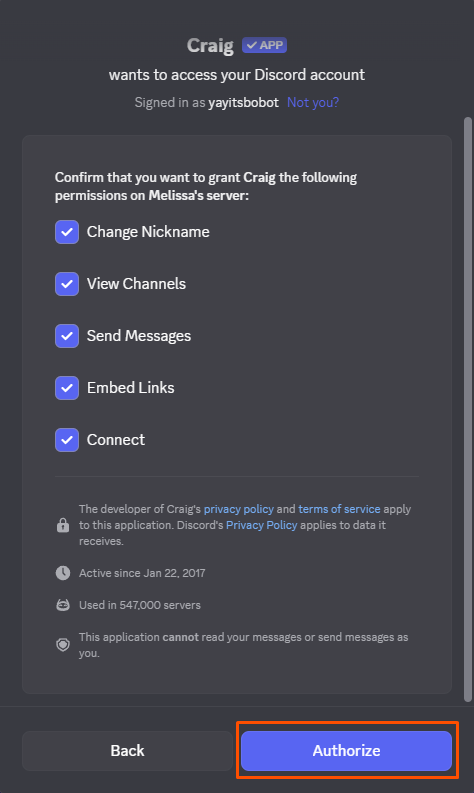 Screenshot showing how to give Craig bot permissions
