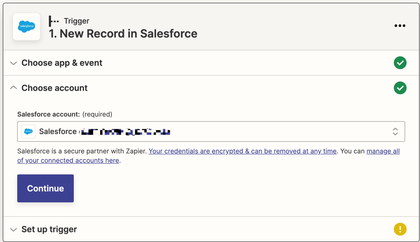 The Salesforce app logo for you in future to the text "New Record in Salesforce".