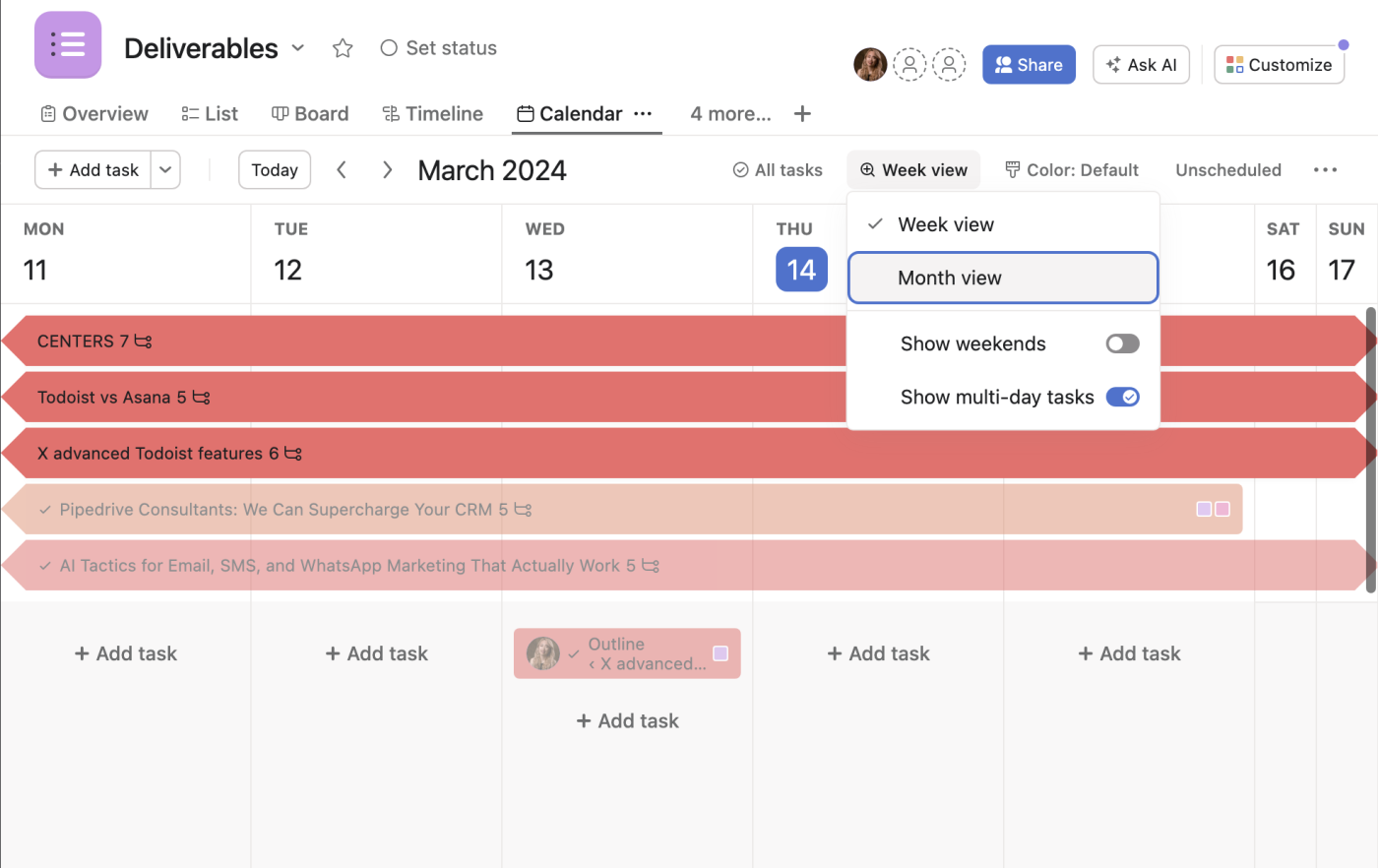 Calendar view in Asana, with lots of customization options