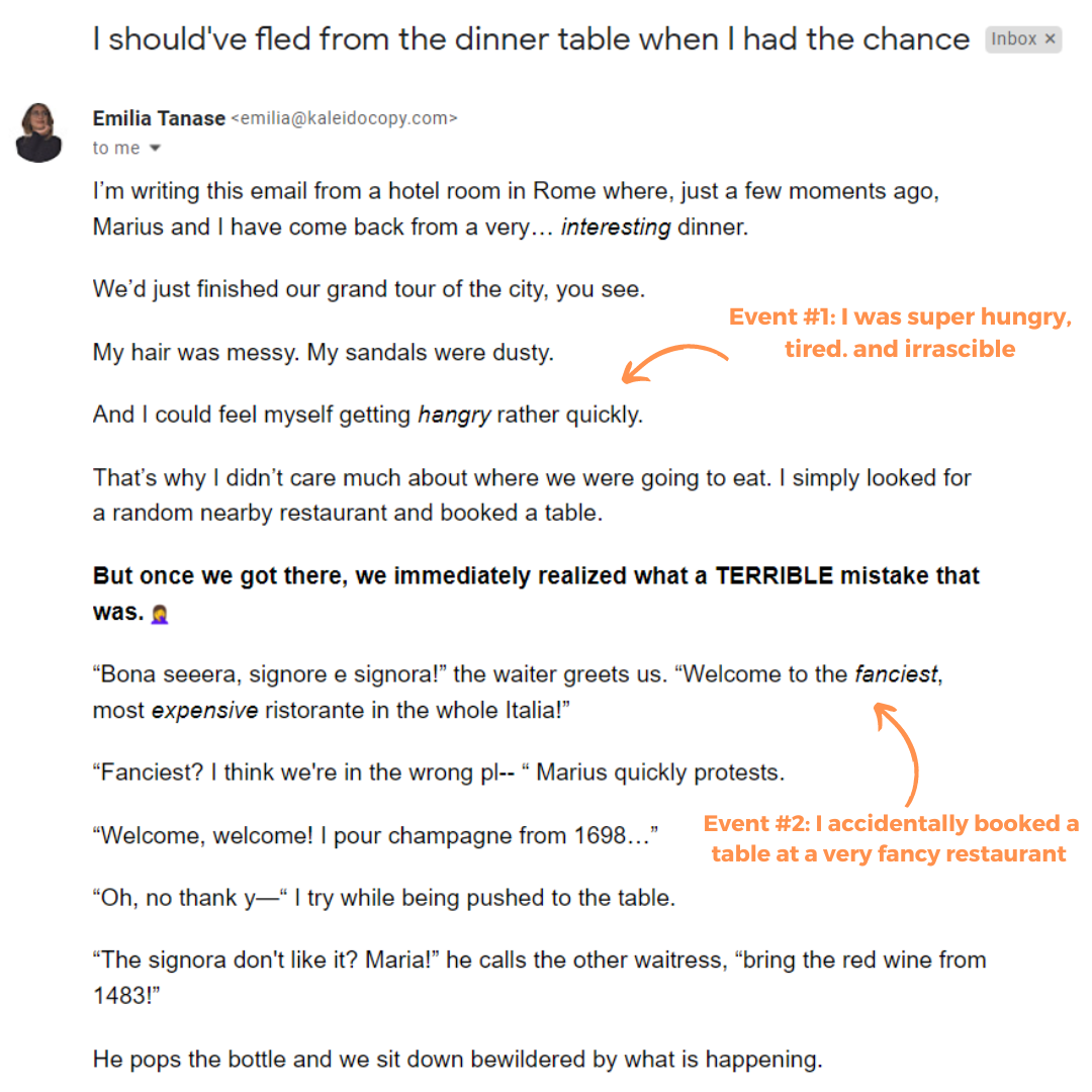 A story-based email from Emilia about accidentally booking a table at a really fancy restaurant.