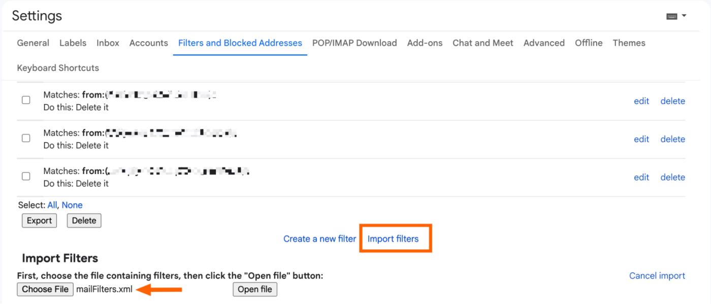 Gmail settings page with the option to import Gmail filters highlighted and a file containing Gmail filters uploaded.