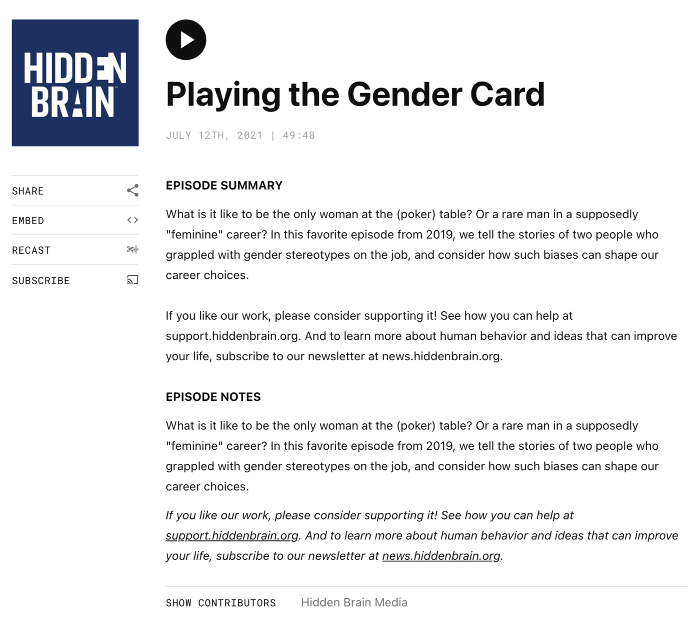 A screenshot of Hidden Brain, our pick for the best marketing podcast for learning new things