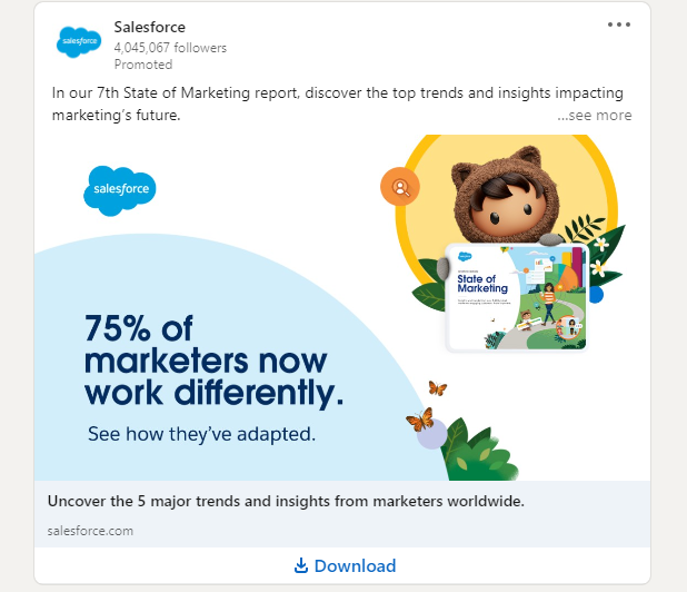 LinkedIn Lead Gen ad example from Salesforce. The image has big text that says "75% of marketers now work differently" and the ad copy mentioned the State of Marketing Report