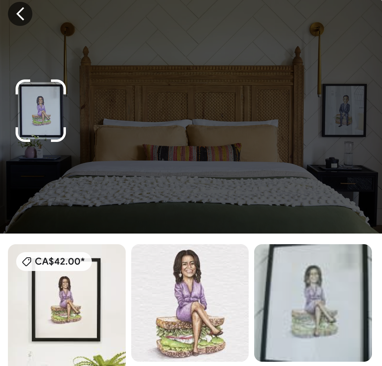 Google image of a bedroom but the focus is on a piece of art hanging on the wall. Below the image are related search results for the wall art.