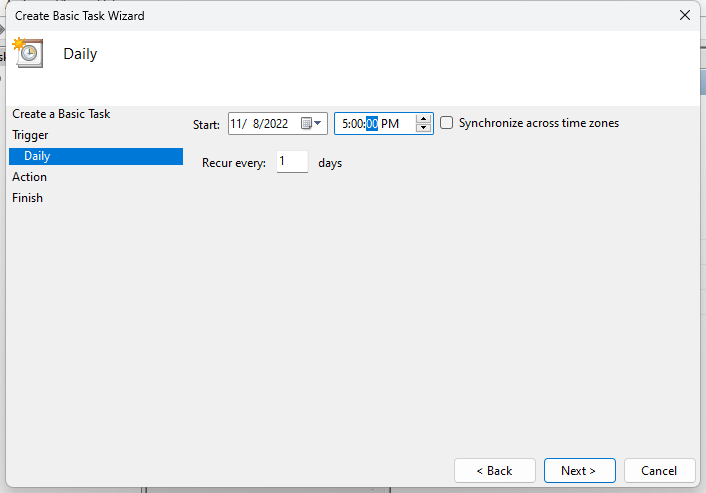 Selecting the time and day in the Create Basic Task Wizard on Windows