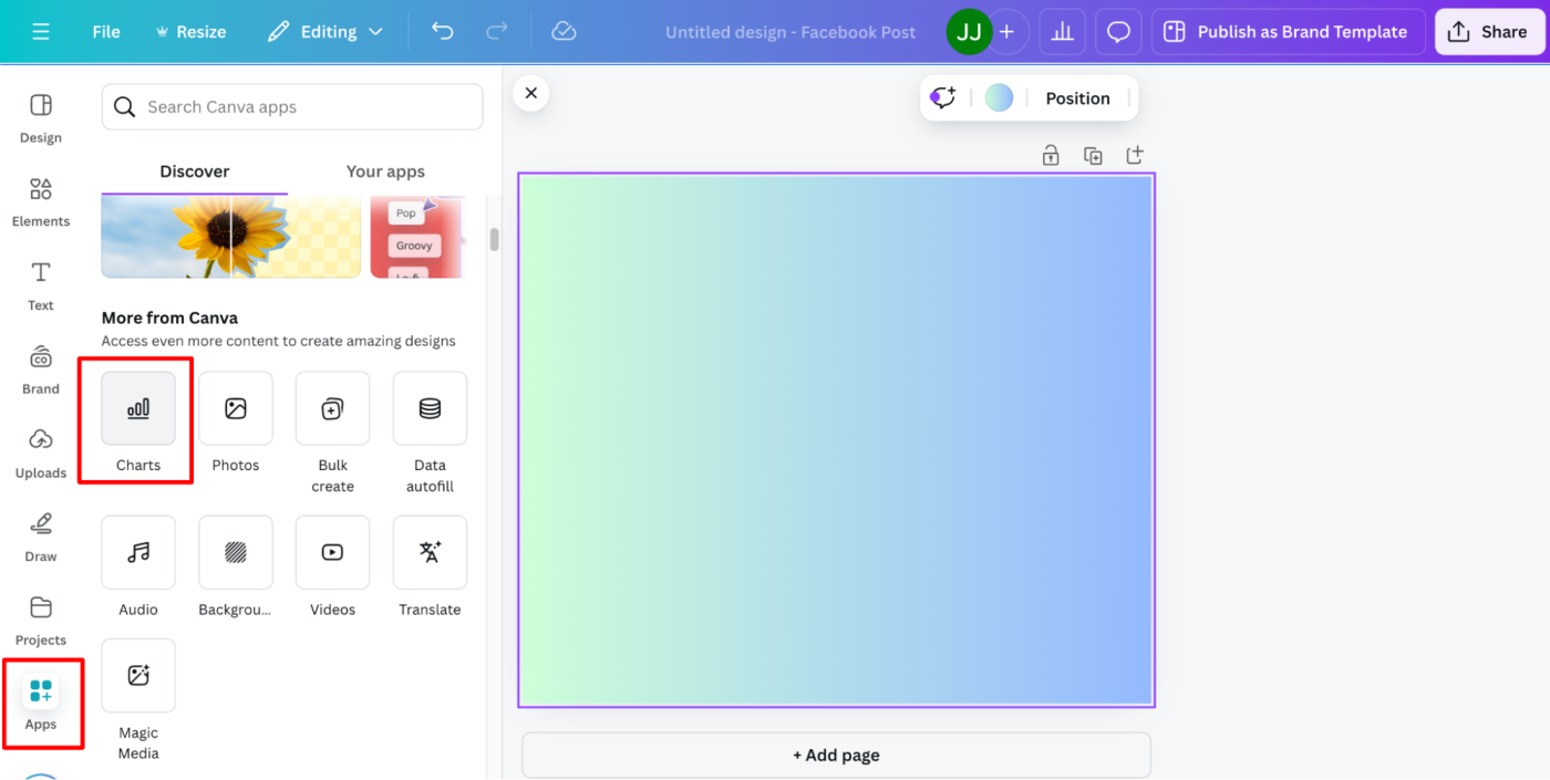 Apps view in the side panel of the Canva editor with Charts highlighted. 