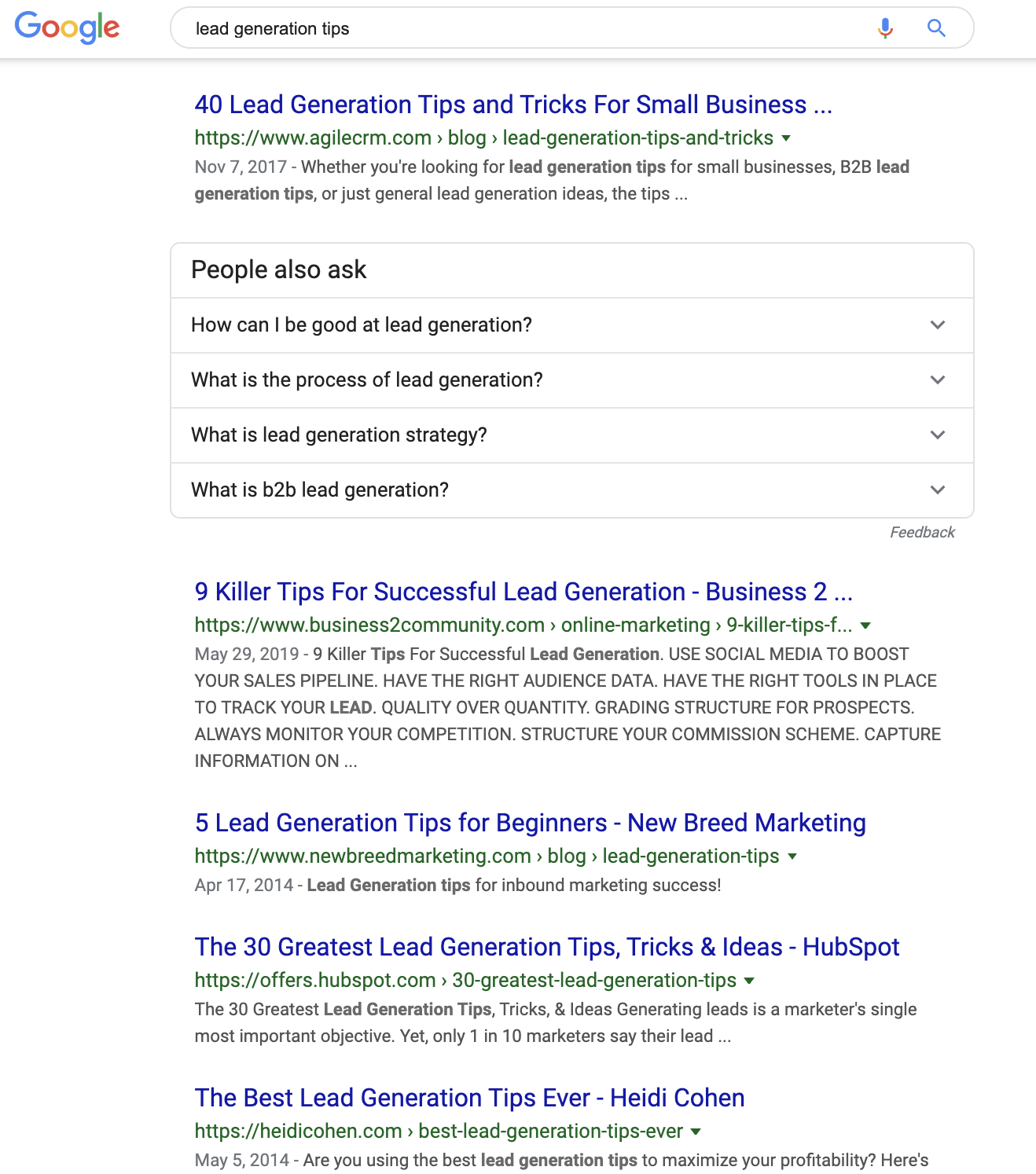 Google search results for lead generaton tips