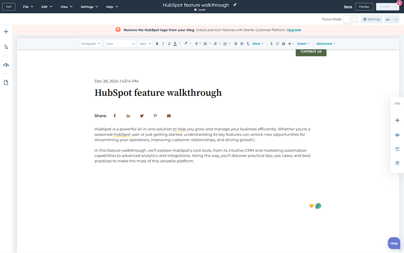 Writing a blog post directly inside HubSpot