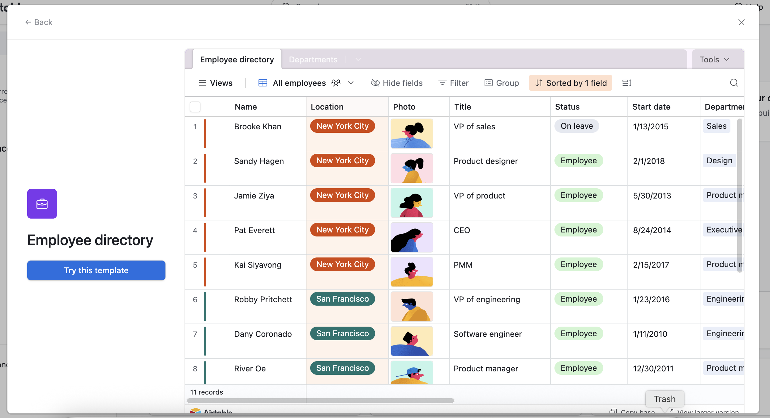 Employee directory template in Airtable.