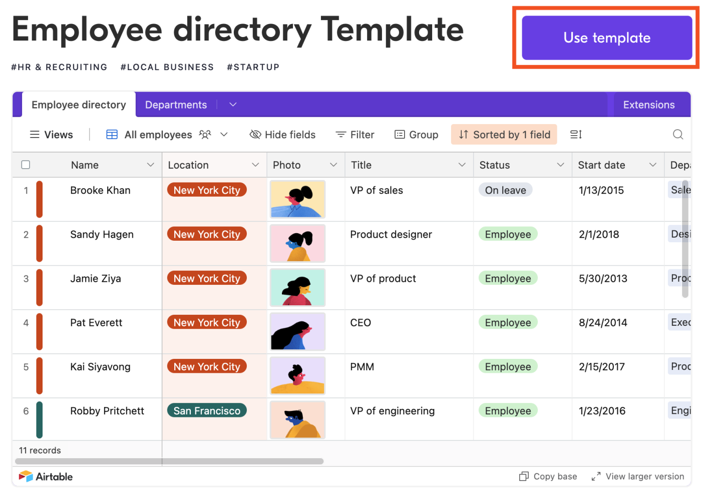 Employee directory template in Airtable.