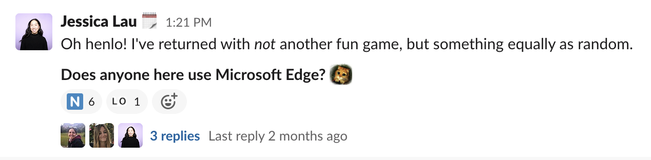 Slack message with "no" and animated "lol" custom Slack emoji reactions.